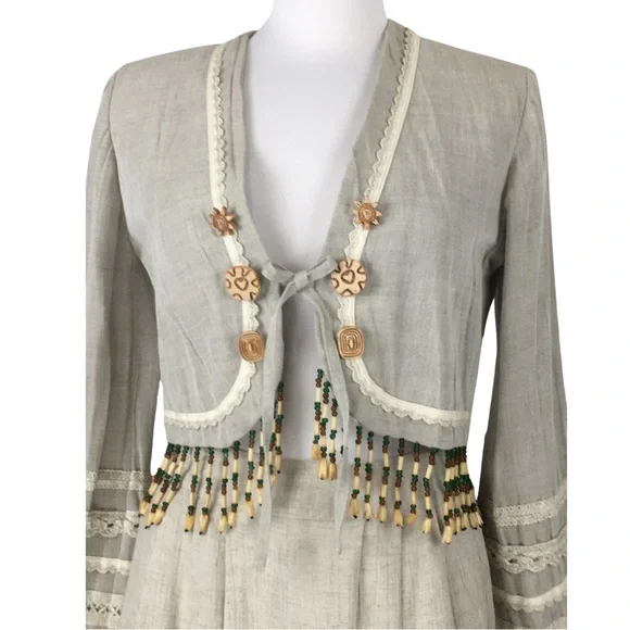 Vintage Sue Wong Linen 2 Piece Suit Jacket Gauchos Linen Wooden Beads size Small - Picture 6 of 16